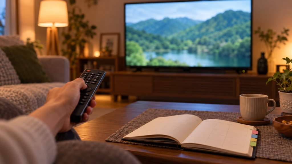 テレビのリモコンと手帳で放送予定を確認する生成イメージ