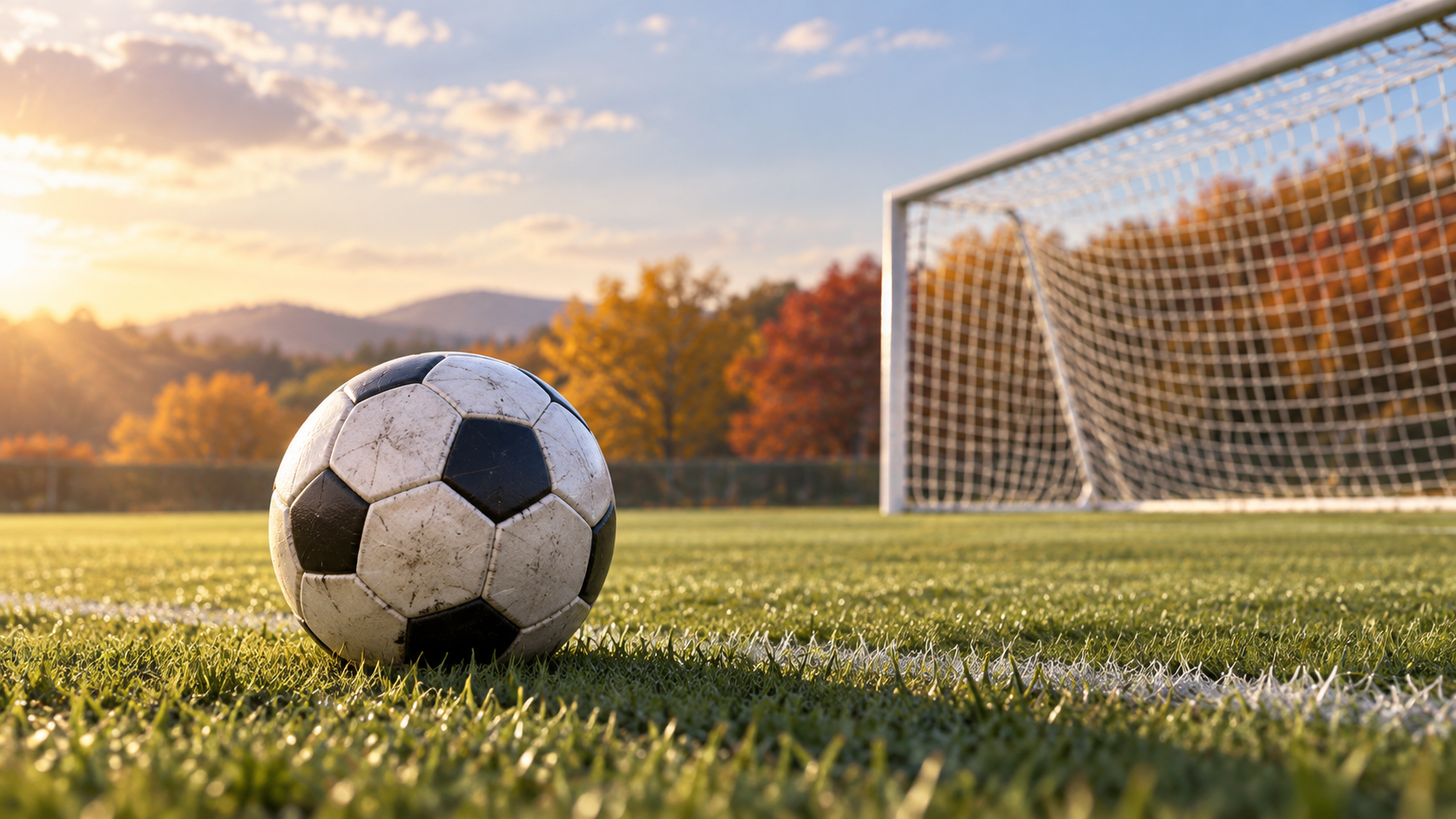 サッカーゴールと芝生の上のボールを描いたイメージ画像