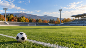 秋のサッカー場とボールのイメージ画像