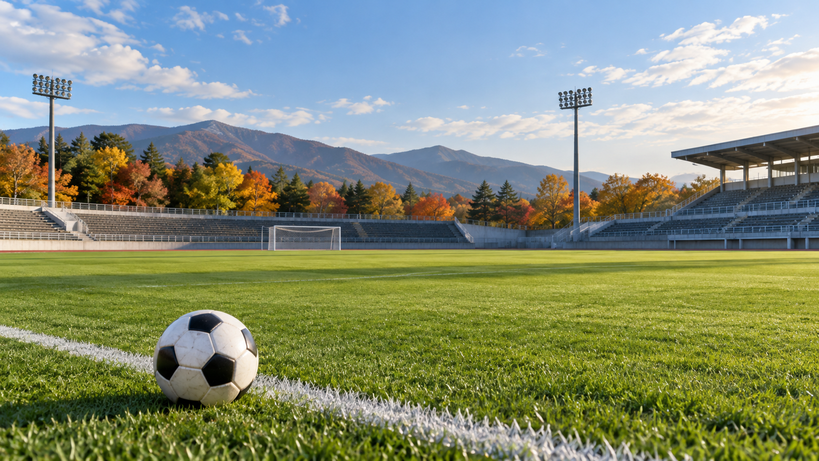 秋のサッカー場とボールのイメージ画像