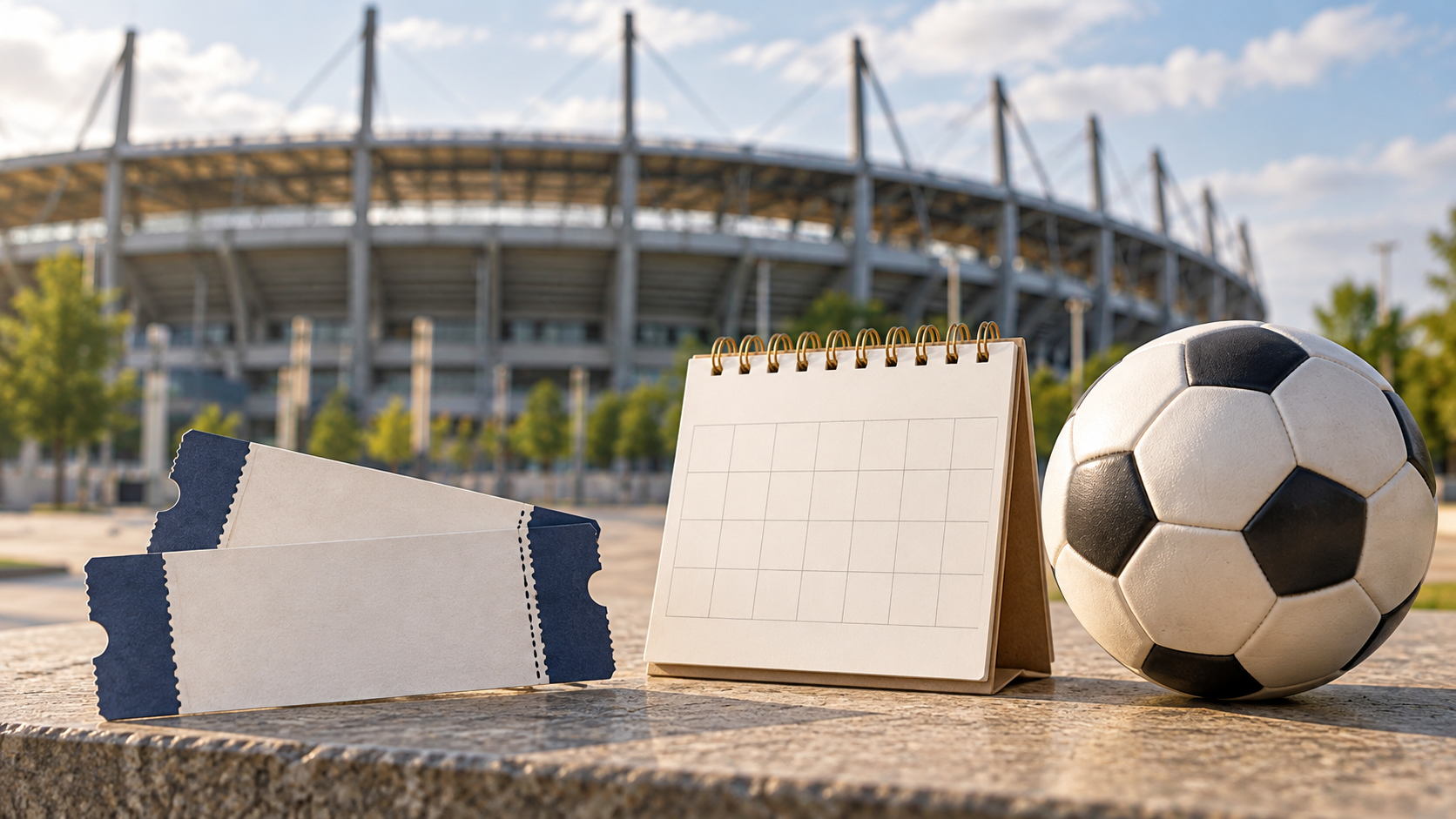 観戦準備をイメージしたチケットとカレンダーとサッカーボール