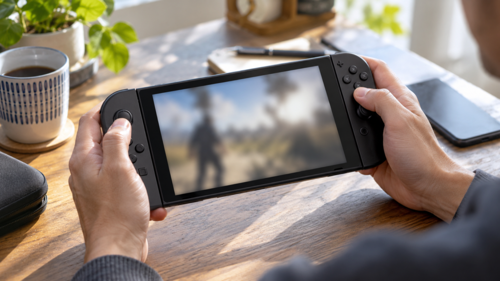 携帯ゲーム機のボタン操作を確認する手元のイメージ