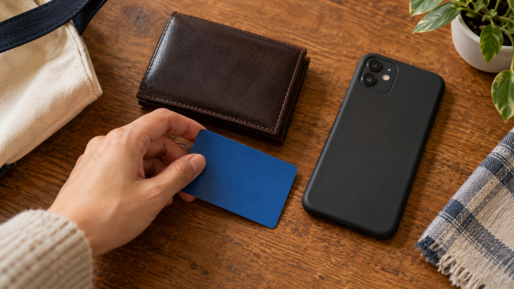 会計前にカードとスマートフォンを準備するイメージ