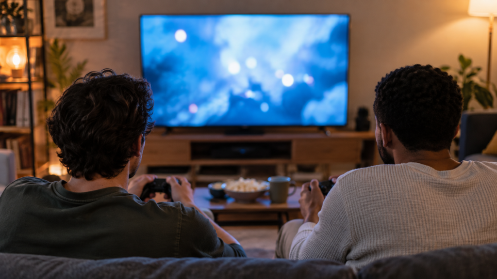 同じテレビの前で2人が別々のコントローラーを持つ協力プレイのイメージ