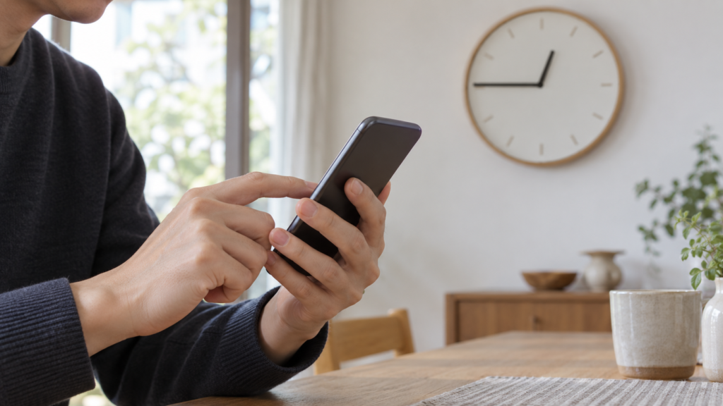時計を見ながらスマホで年賀状の申し込み時刻を確認するイメージ