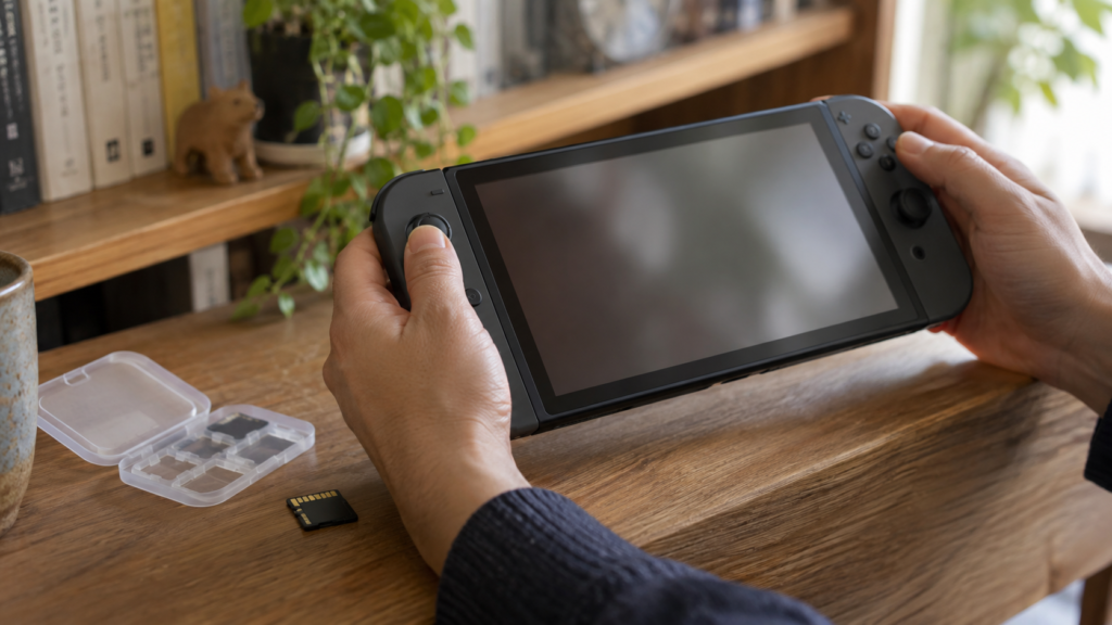 メモリーカードを用意して携帯ゲーム機の保存先を確認するイメージ