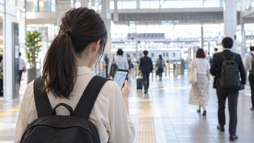 駅の通路でスマートフォンを見て経路を確認するイメージ