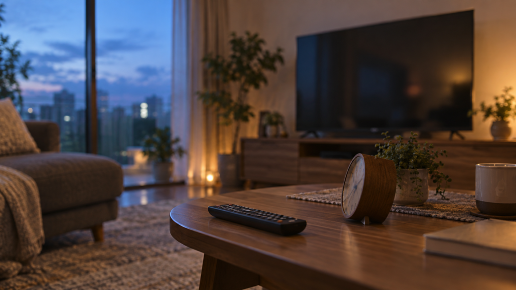 テレビの前にリモコンと時計を置いて放送を待つリビング