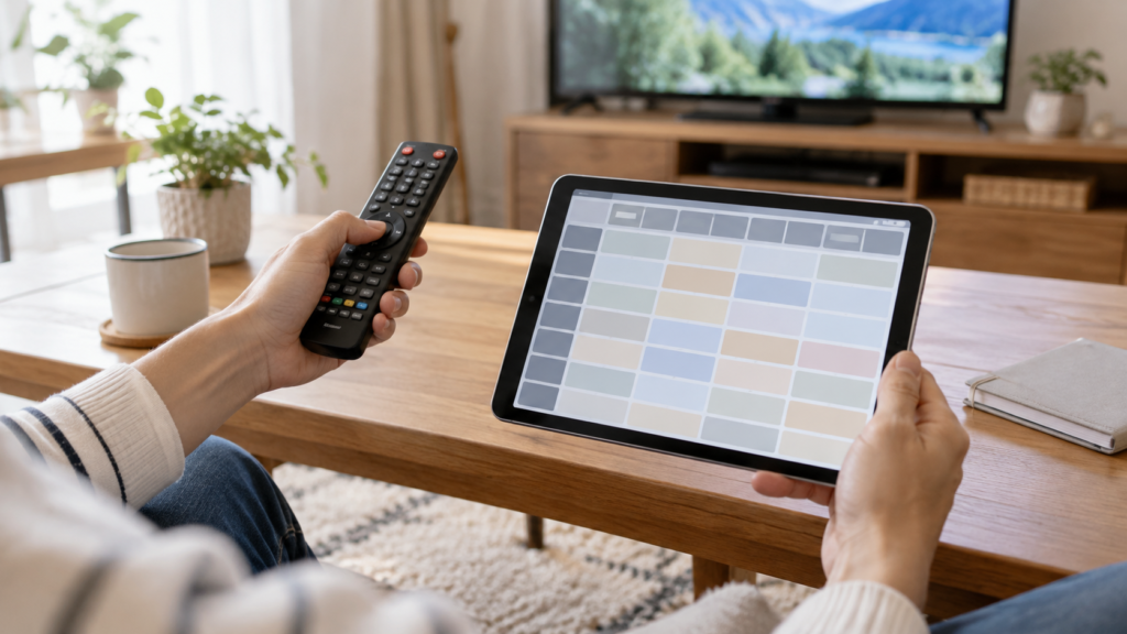 番組表を確認する手元とテレビのリモコン