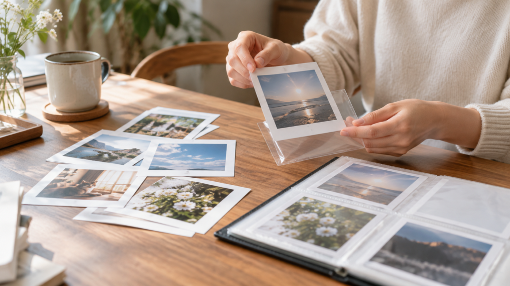 正方形の写真と透明なスリーブを使った整理のイメージ