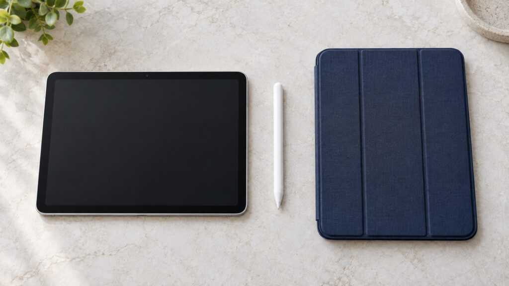 タブレット本体と別置きのペンとカバーを示す生成イメージ