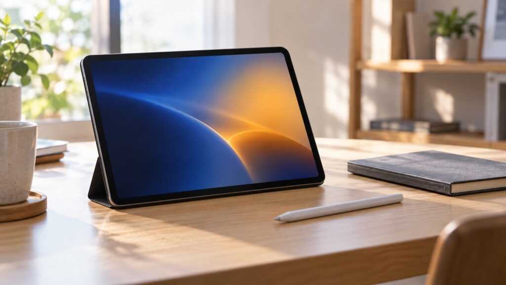 明るい机に置いた小型タブレットとペンの生成イメージ