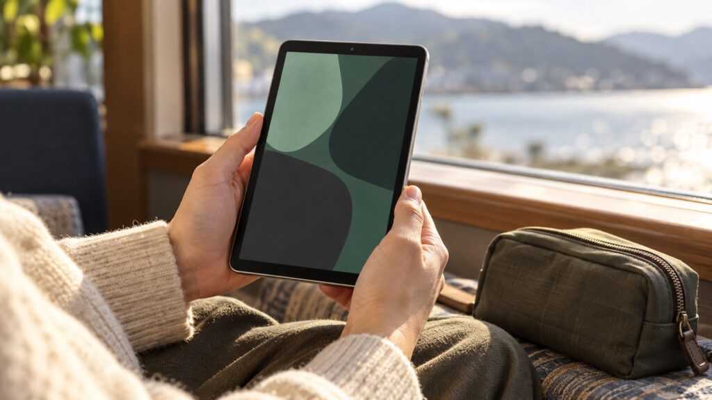 窓辺で小型タブレットを両手で持つ様子を示す生成イメージ