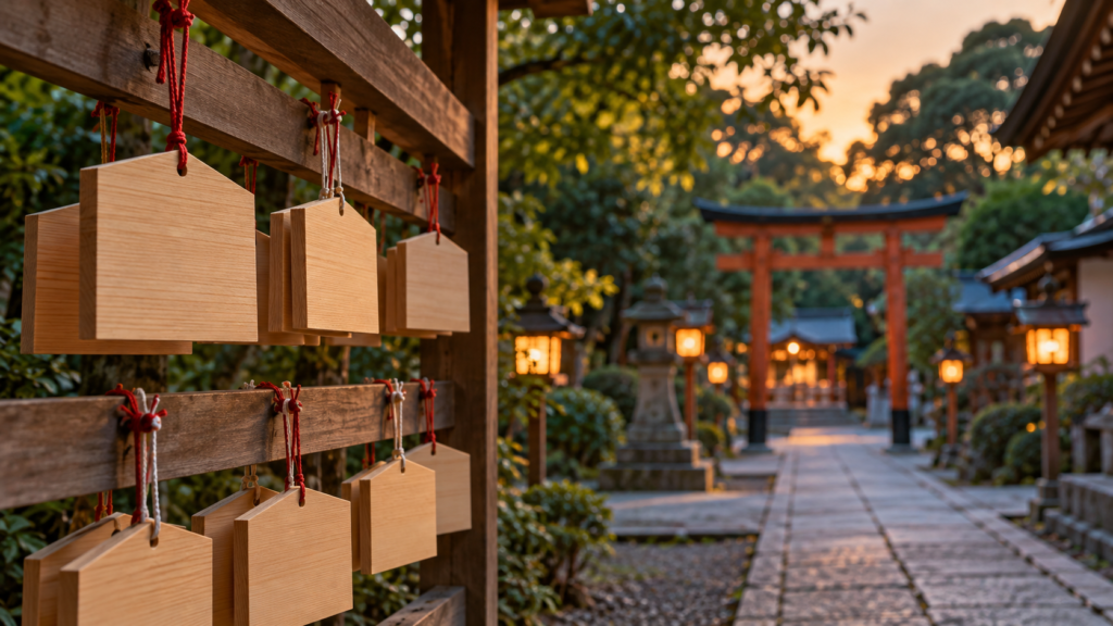 夕暮れの神社で無地の絵馬が掛かった風景の生成イメージ