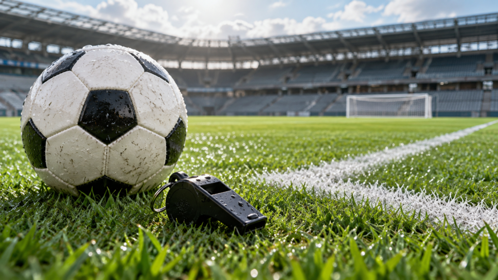 ペナルティーエリアの白線のそばに置かれたサッカーボールと審判の笛