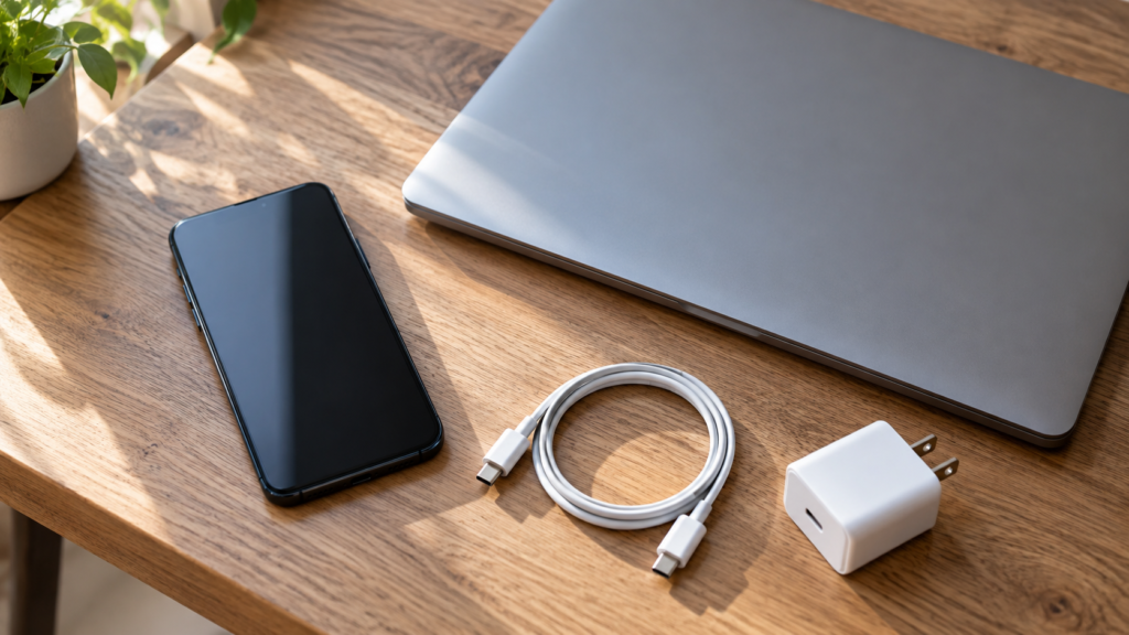 スマートフォンとPCと充電用品を準備したイメージ