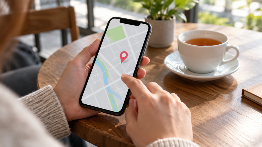 スマートフォンの地図と店舗所在地を確認するAI参考イメージ