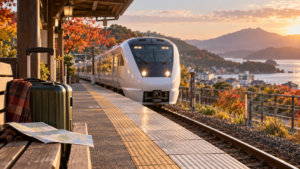 秋の駅と白い特急列車を描いた列車旅行の生成イメージ