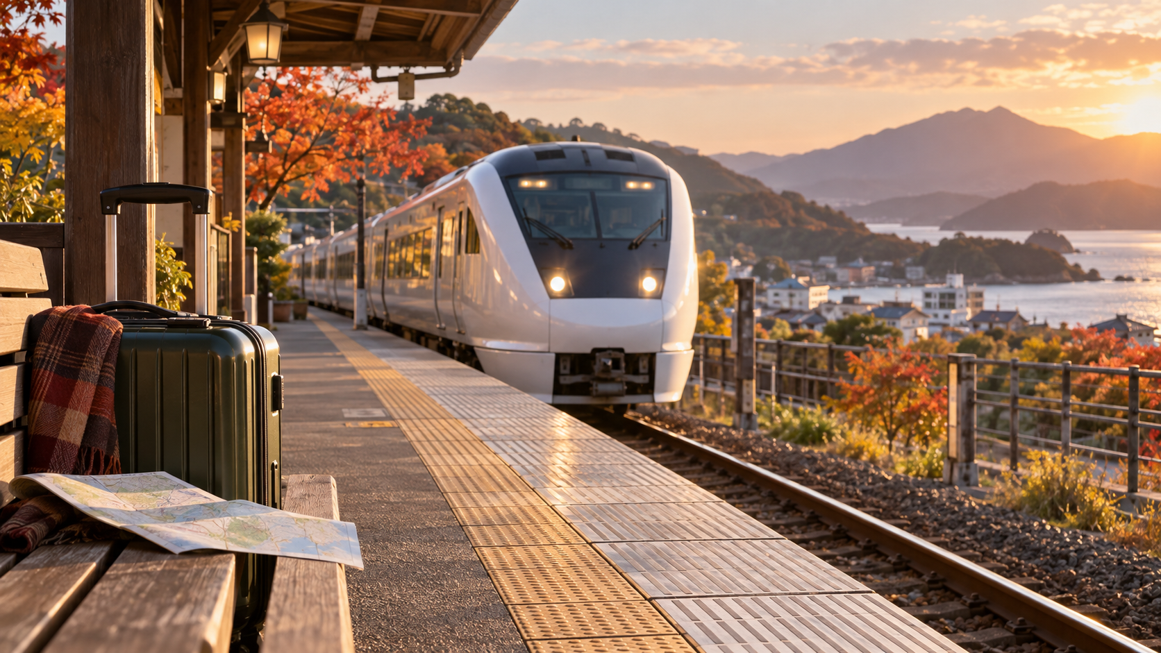 秋の駅と白い特急列車を描いた列車旅行の生成イメージ