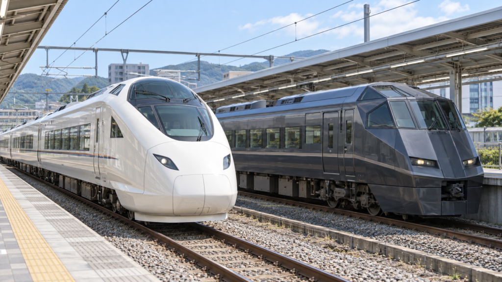 駅に並ぶ白い特急と濃い灰色の特急を描いた生成イメージ