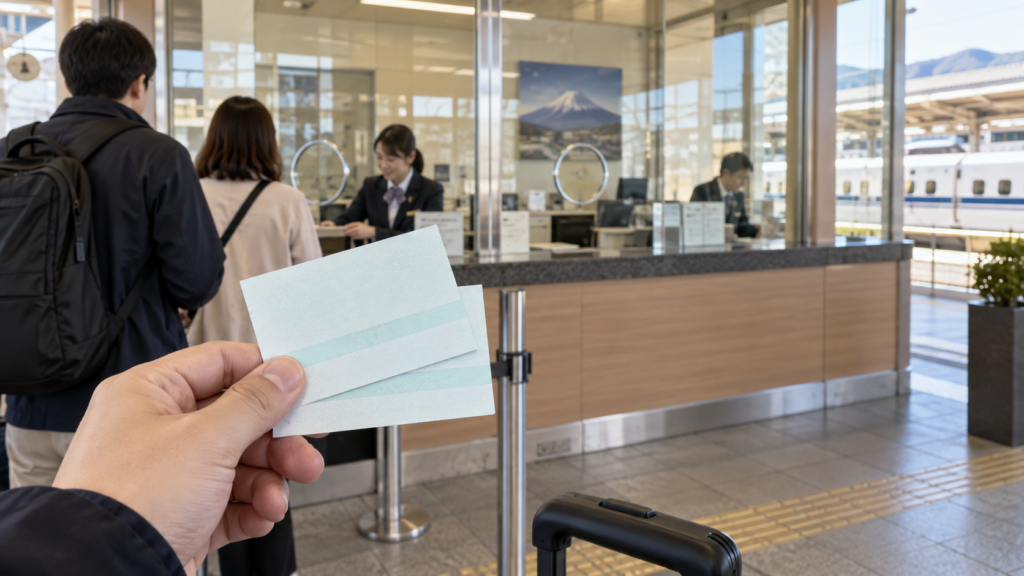 駅の窓口できっぷを手配する生成イメージ