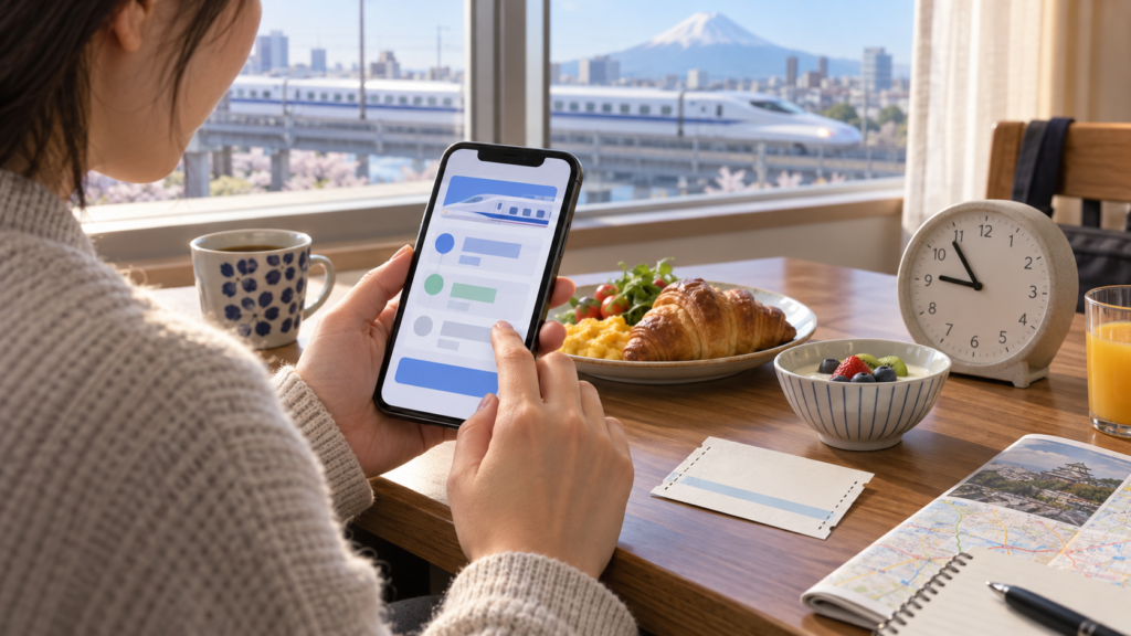 スマートフォンで列車予約を確認する手元の生成イメージ