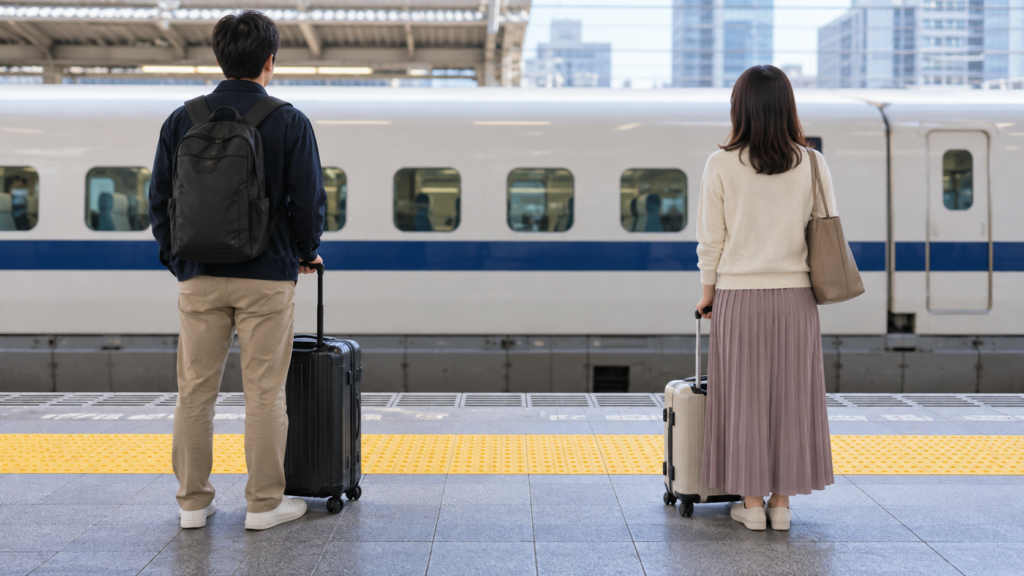 黄色い点字ブロックの内側から列車を見る旅行者の生成イメージ