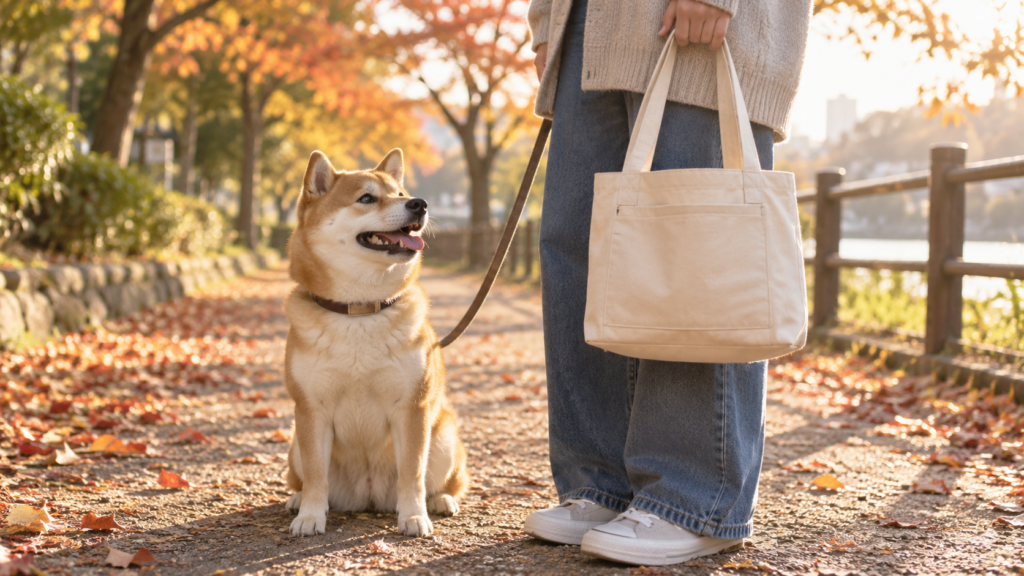 散歩用の無地バッグを持つ人と柴犬。カルディいぬの日おさんぽバッグの紹介用イメージで実物ではない