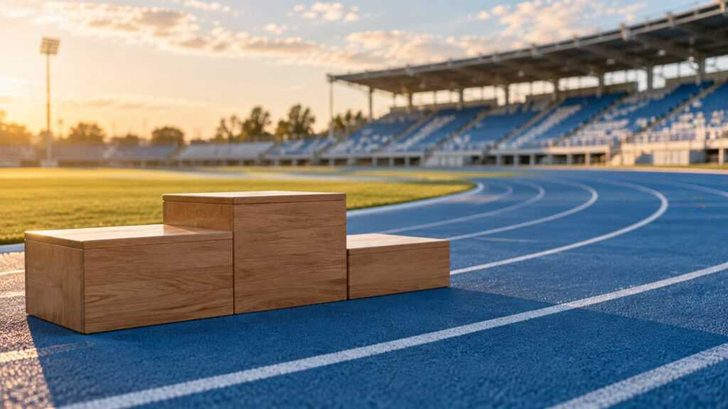 陸上トラック脇の三段の表彰台のAI生成イメージ