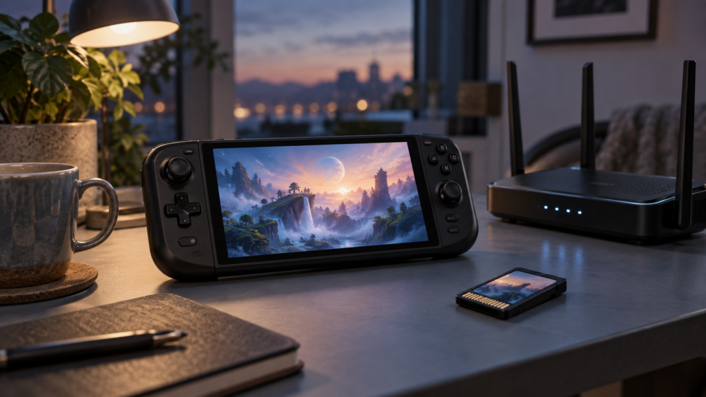 携帯ゲーム機とルーターを並べたキングダムハーツSwitch2版の準備イメージ