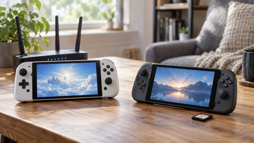 携帯ゲーム機とルーターを並べたクラウド版と本体動作版の比較イメージ