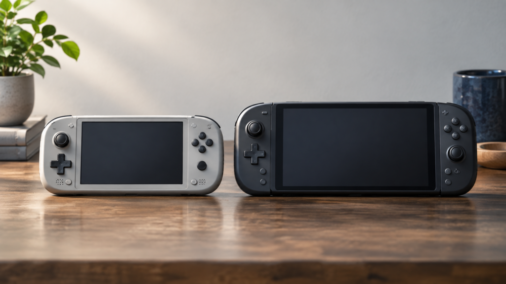 大きさと形が異なる二つの携帯ゲーム機を並べた対応機種の確認イメージ
