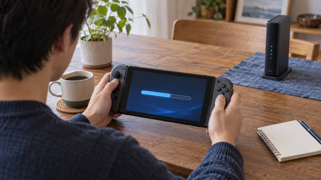 携帯ゲーム機のダウンロード前に机で準備をする人のイメージ