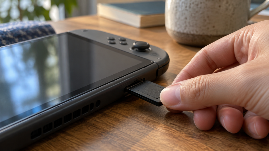 携帯ゲーム機のスロットに無地のゲームカードを差し込むイメージ
