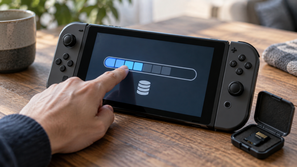携帯ゲーム機の保存領域とメモリーカードを確認するイメージ