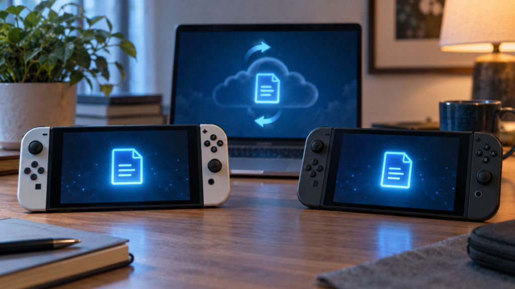 二つの携帯ゲーム機とパソコンを並べたセーブデータ移行のイメージ