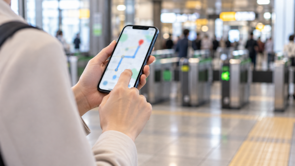 駅でスマートフォンを使い行き先を確認する手元のイメージ