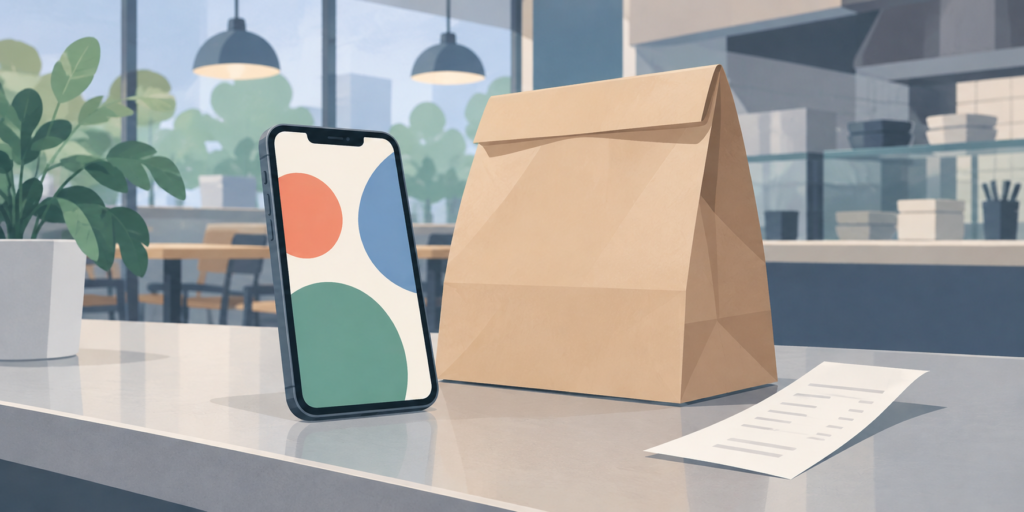 持ち帰りの袋とスマートフォン、レシートのイメージイラスト