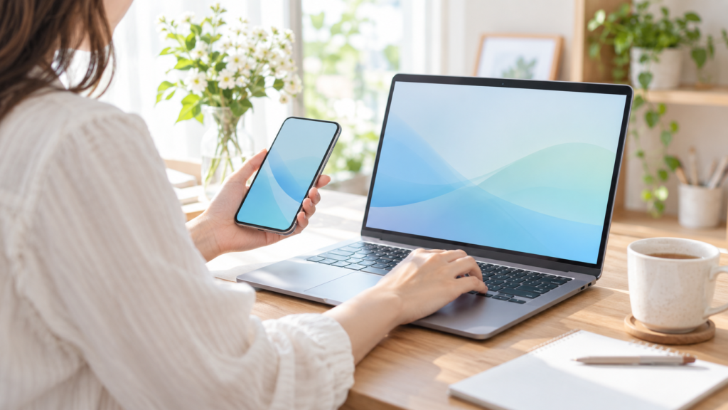 ノートパソコンとスマートフォンで商品情報を確認するイメージ