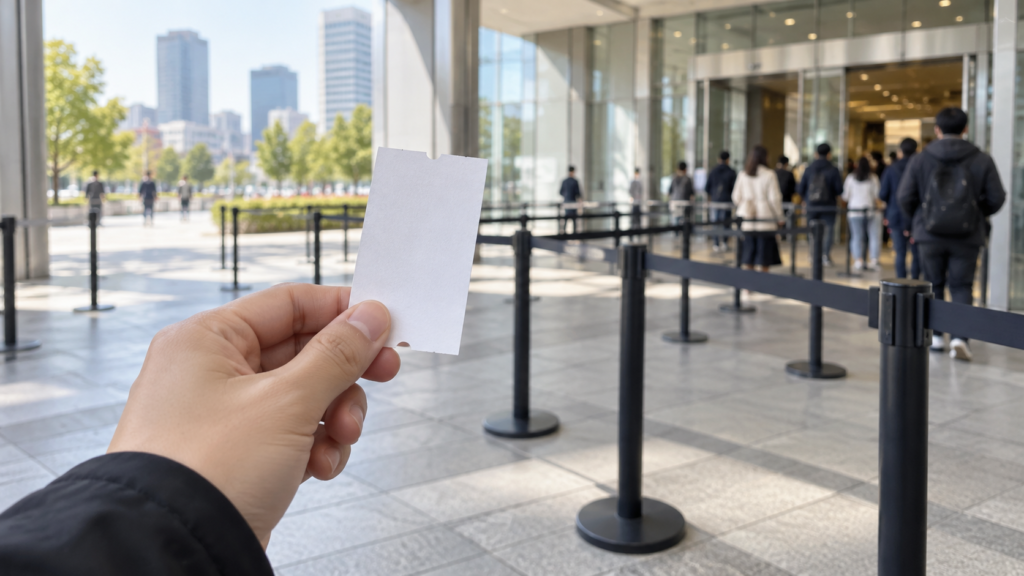 入口の待機列付近で無地の券を手に持つ来場者のイメージ