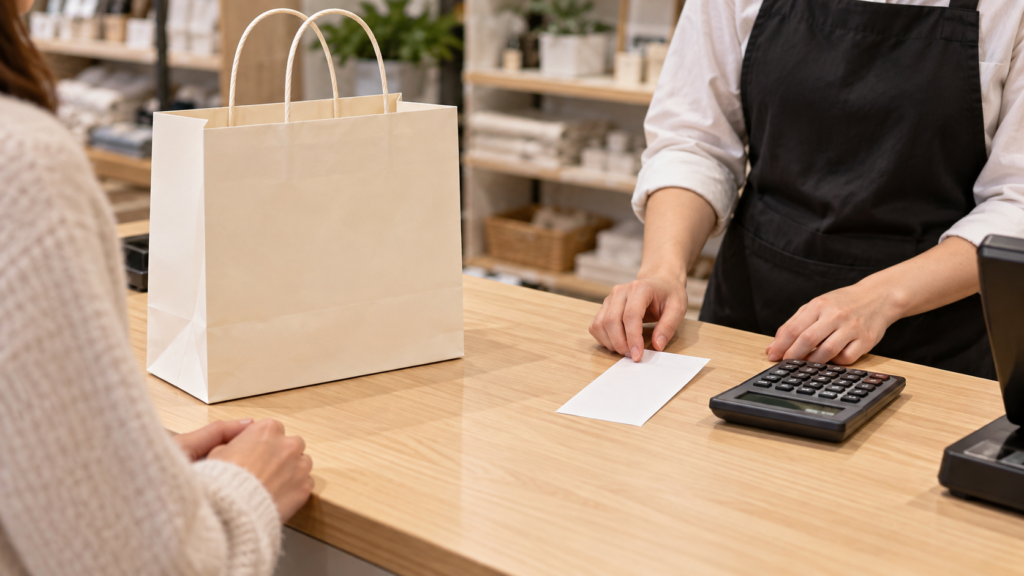 紙袋と1枚のレシートを前に購入予算を確認するイメージ