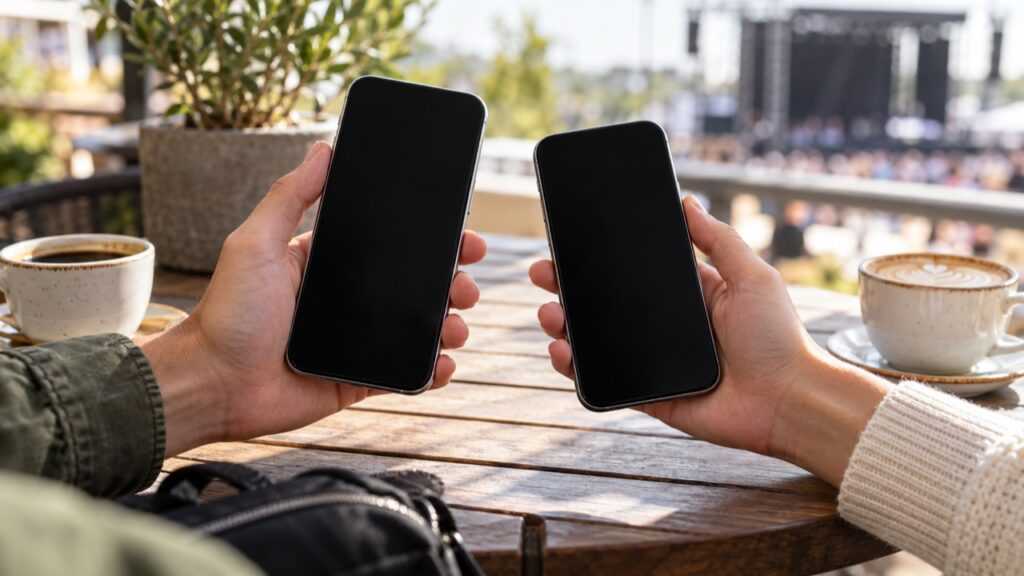 同行する二人が別々のスマートフォンを準備する手元のAI生成画像