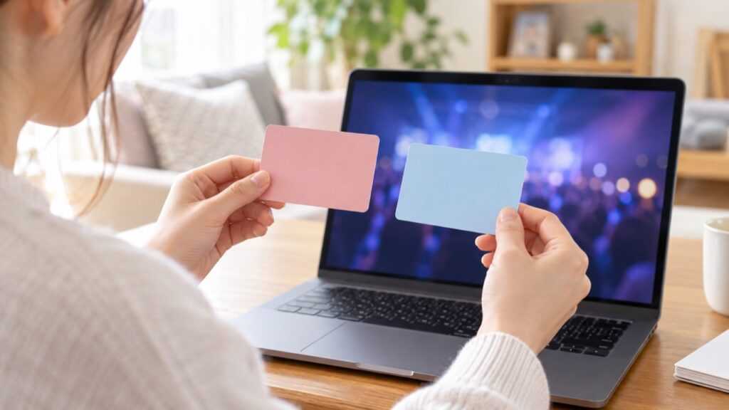 二つの会員カードを比べて申込条件を確認する手元のAI生成画像