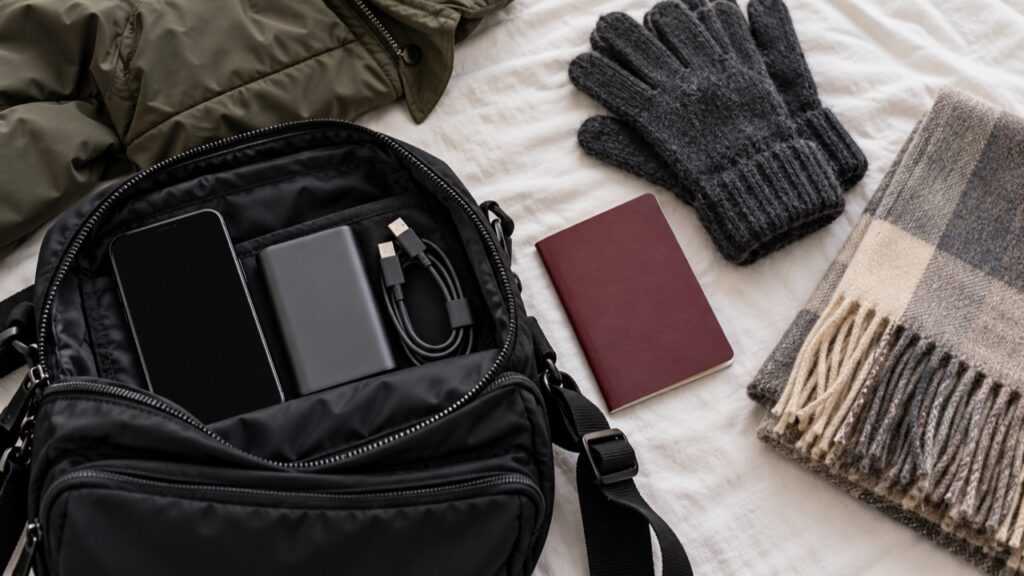 スマートフォンや充電器、防寒具を小さなバッグへ準備するAI生成画像