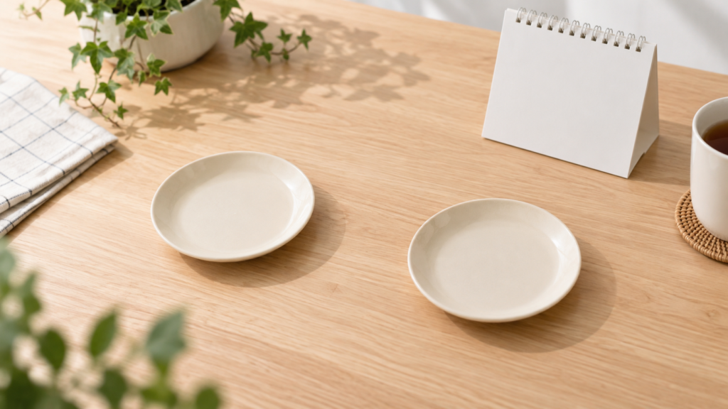 卓上カレンダーと二つの無地の皿を並べた発売週のイメージ