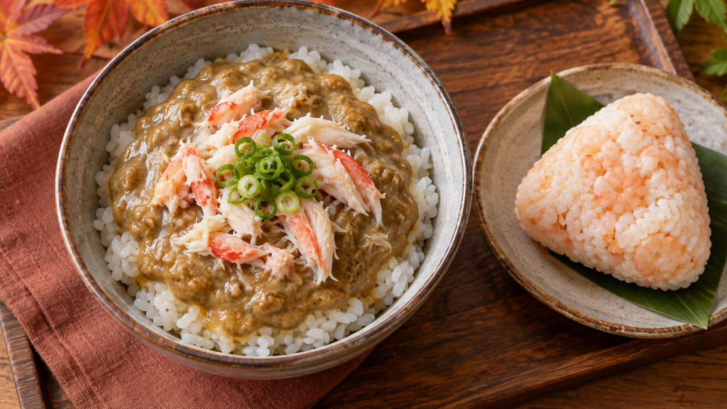 カニあんかけご飯と小さな海老のおにぎりの説明用イメージ