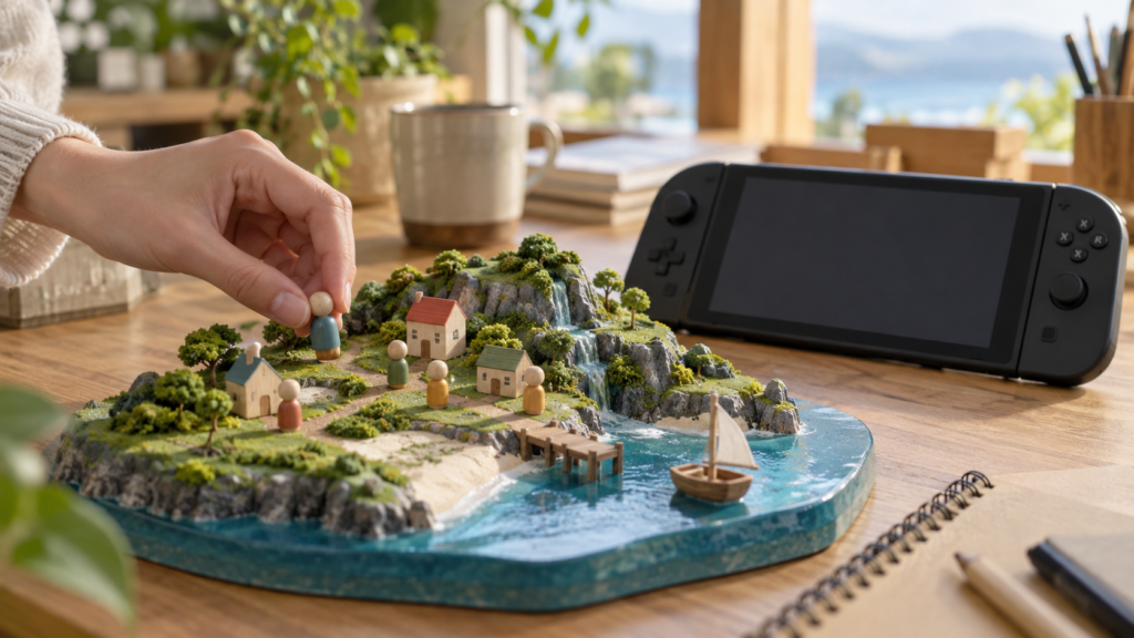 携帯ゲーム機のそばに置いた島の模型と小さな住人の人形