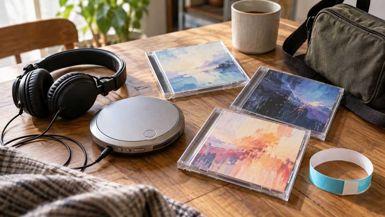 音楽即売会へ持っていくCDプレイヤーやケースと入場用リストバンドのイメージ