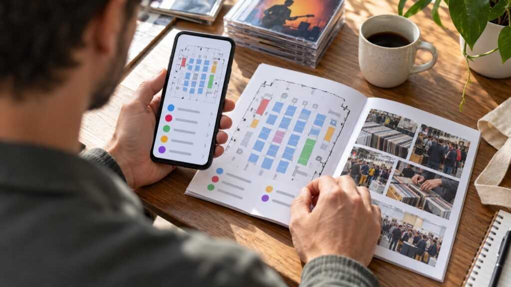 スマートフォンと紙の案内で配置を確認するイメージ
