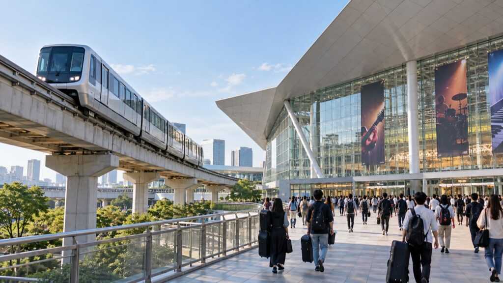 モノレールと展示場へ向かう人々を描いた交通案内のイメージ